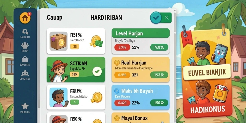 Menggambarkan antarmuka utama dengan berbagai pilihan mesin slot.